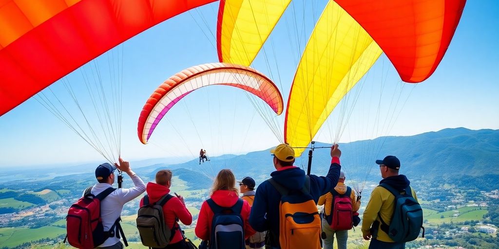 Paraglider in action über einer grünen Landschaft.